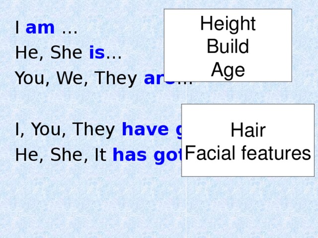 Height Build Age I am … He, She is … You, We, They are … I, You, They have got ... He, She, It has got ... Hair Facial features 