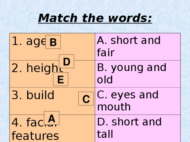 Match the words: 1. age A. short and fair 2. height B. young and old 3. build C. eyes and mouth 4. facial features D. short and tall 5. hair E. plump and thin B D E C A 
