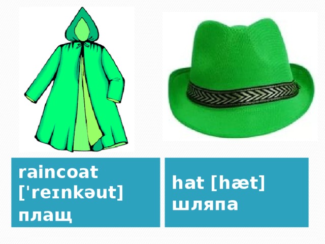 raincoat ['reɪnkəut] hat [hæt] шляпа плащ 