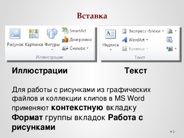 Для вставки рисунка необходимо на вкладке вставка использовать команду