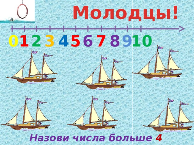 Молодцы! 6 10 9 8 7 2 4 5 3 1 0 Назови числа больше 4