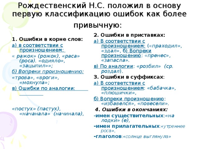 Рождественский Н.С. положил в основу первую классификацию ошибок как более привычную:  2. Ошибки в приставках:  а) В соответствии с произношением: (« праходил», «здал», б ) Вопреки произношению : « пренес», «запасла». в) По аналогии : «розбил» (ср. роздал ). 3. Ошибки в суффиксах :  а) В соответствии с произношением : «бабачка», «плюшички»,  б) Вопреки произношению : «избавелся», «повесели».  4. Ошибки в окончаниях:  - имен существительных : «на лодки» (е),  -имен прилагательных : «утреннее роса»,  -глаголов : «солнце выглянула» 1. Ошибки в корне слов: а) в соответствии с произношением: « ражок» (рожок), «раса» (роса). «одияло», «зацыпил»»; б) Вопреки произношению: «трова», «вроги», «мохнула»;  в) Ошибки по аналогии:  «постух» (пастух), «начанала» (начинала),  