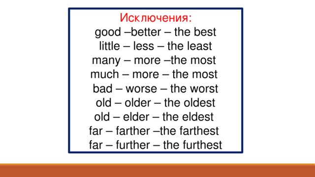 Слова good. Degrees of Comparison of adjectives исключения. Degrees of Comparison of adjectives exceptions. Comparatives and Superlatives исключения. Comparative adjectives исключения.