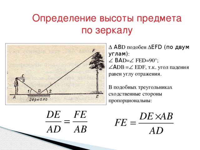 Определение высоты предмета по зеркалу   АВ D подобен  EFD (по двум углам) :   ВА D=   FED=90°; А DВ =   EDF, т.к. угол падения равен углу отражения. В подобных треугольниках сходственные стороны пропорциональны : ; ; ; . . . 