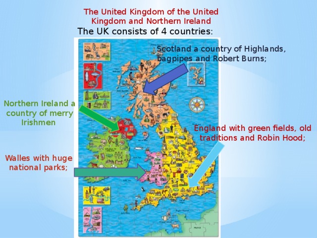 The United Kingdom of the United Kingdom and Northern Ireland The UK consists of 4 countries: Scotland a country of Highlands, bagpipes and Robert Burns; Northern Ireland a country of merry Irishmen England with green fields, old traditions and Robin Hood; Walles with huge national parks;  
