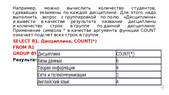 Например, можно вычислить количество студентов, сдававших экзамены по каждой дисциплине. Для этого надо выполнить запрос с группировкой по полю «Дисциплина» и вывести в качестве результата название дисциплины и количество строк в группе по данной дисциплине. Применение символа * в качестве аргумента функции COUNT означает подсчет всех строк в группе. SELECT R1. Дисциплина, COUNT(*) FROM R1  GROUP BY R1.Дисциплина; Результат:  