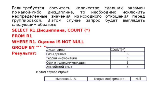 Если требуется сосчитать количество сдавших экзамен по какой-либо дисциплине, то необходимо исключить неопределенные значения из исходного отношения перед группировкой. В этом случае запрос будет выглядеть следующим образом: SELECT R1.Дисциплина, COUNT (*) FROM R1  WHERE R1. Оценка IS NOT NULL GROUP BY R1.Дисциплина; Результат:  