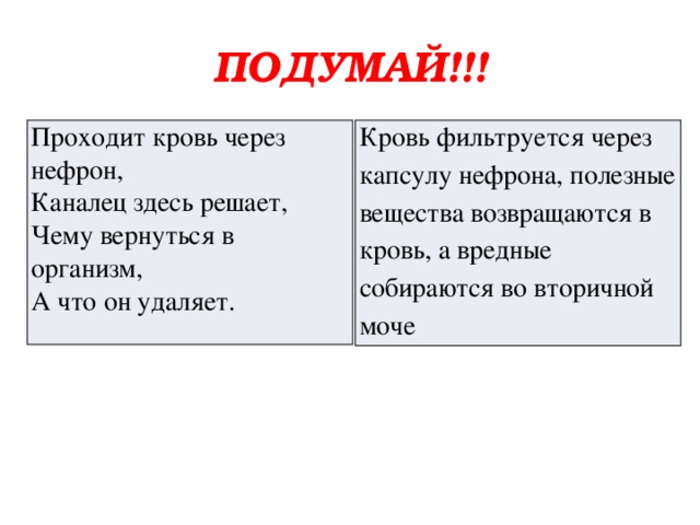 ПОДУМАЙ!!! Проходит кровь через нефрон, Кровь фильтруется через капсулу нефрона, полезные вещества возвращаются в кровь, а вредные собираются во вторичной моче Каналец здесь решает, Чему вернуться в организм, А что он удаляет. 