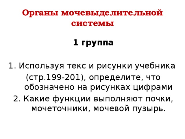 Органы мочевыделительной системы 1 группа  Используя текс и рисунки учебника (стр.199-201), определите, что обозначено на рисунках цифрами 2. Какие функции выполняют почки, мочеточники, мочевой пузырь. 