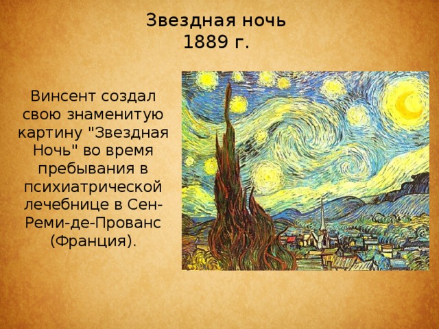 Звездная ночь  1889 г.   Винсент создал свою знаменитую картину 