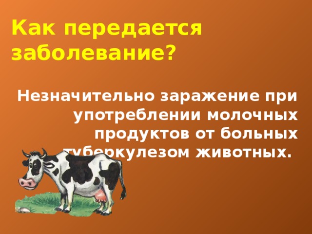 Как передается заболевание?  Незначительно заражение при употреблении молочных продуктов от больных туберкулезом животных.  