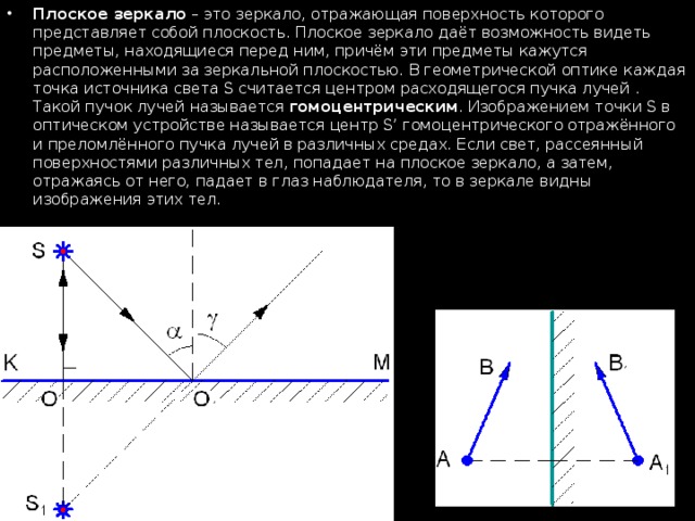 Плоское зеркало и свойства изображения даваемого плоским зеркалом