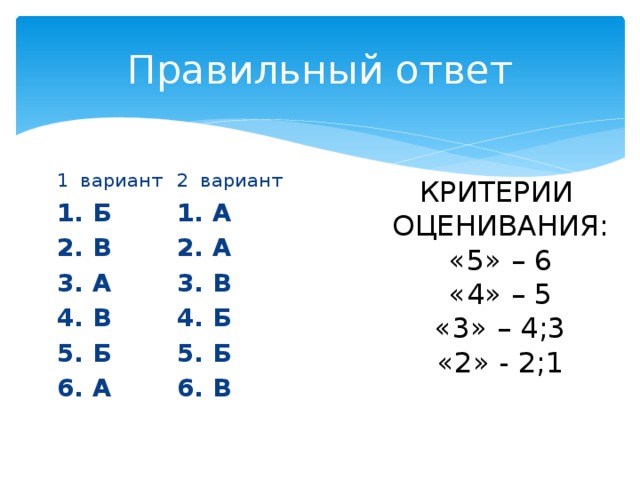 Правильный ответ 2 вариант 1 вариант 1. Б 1. А 2. В 2. А 3. В 3. А 4. В 4. Б 5. Б 5. Б 6. А 6. В КРИТЕРИИ ОЦЕНИВАНИЯ: «5» – 6 «4» – 5 «3» – 4;3 «2» - 2;1 