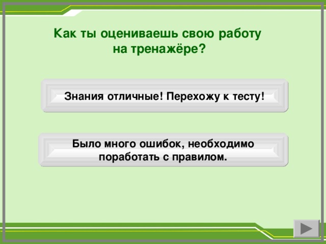 Как ты оцениваешь свою работу на тренажёре? Знания отличные! Перехожу к тесту! Было много ошибок, необходимо поработать с правилом.