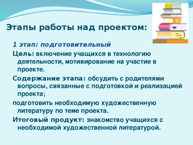 Этапы работы над проектом подготовительный этап выбор темы постановка целей и задач будущего проекта