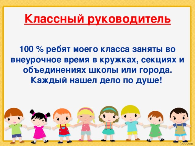 Классный руководитель 100 % ребят моего класса заняты во внеурочное время в кружках, секциях и объединениях школы или города. Каждый нашел дело по душе! 