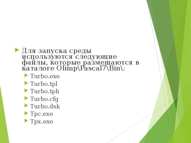 Для запуска среды используются следующие файлы, которые размещаются в каталоге Olimp\Pascal7\Bin\: Turbo.exe Turbo.tpl Turbo.tph Turbo.cfg Turbo.dsk Tpc.exe Tpx.exe Turbo.exe Turbo.tpl Turbo.tph Turbo.cfg Turbo.dsk Tpc.exe Tpx.exe 