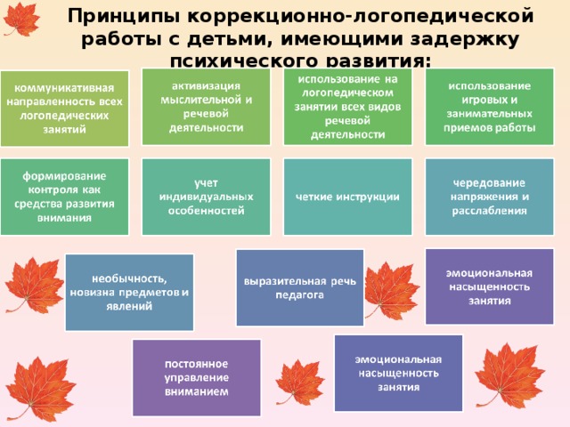 Принципы коррекционно-логопедической работы с детьми, имеющими задержку психического развития:     