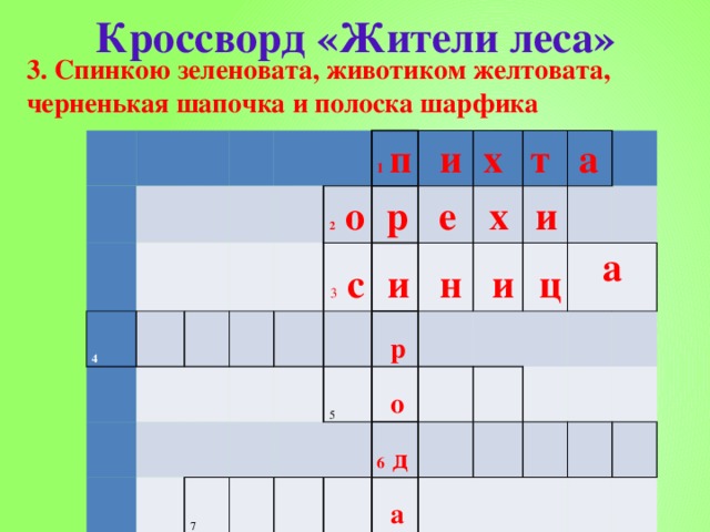 Кроссворд «Жители леса» 3. Спинкою зеленовата, животиком желтовата, черненькая шапочка и полоска шарфика 4       2 о 1  п  р     и 3 с   е    и 7 х    т    х   н   р 5   и   и     о а     ц 6 д         а   а           