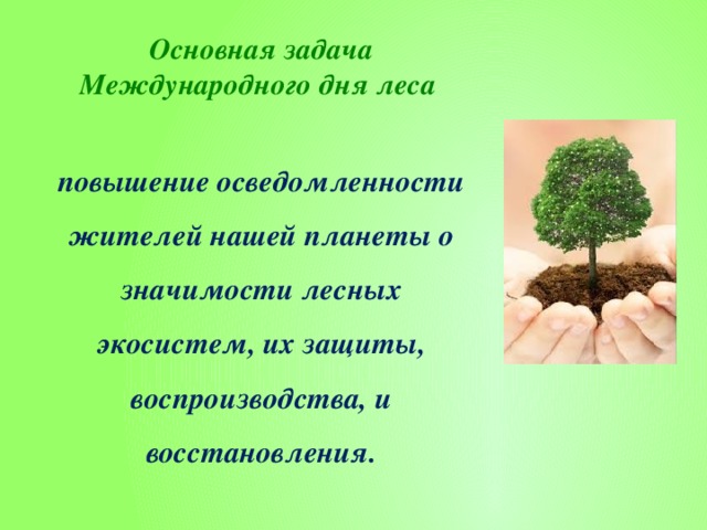 Основная задача Международного дня леса  повышение осведомленности жителей нашей планеты о значимости лесных экосистем, их защиты, воспроизводства, и восстановления.  