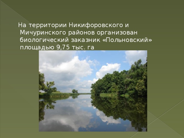  На территории Никифоровского и Мичуринского районов организован биологический заказник «Польновский» площадью 9,75 тыс. га 