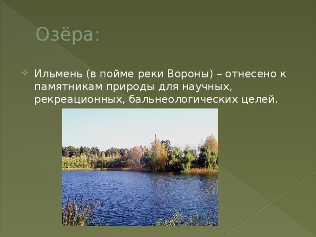 Озёра: Ильмень (в пойме реки Вороны) – отнесено к памятникам природы для научных, рекреационных, бальнеологических целей. 