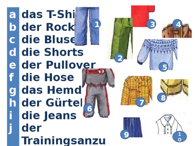 a das T-Shirt b der Rock c d die Bluse die Shorts e der Pullover f die Hose g das Hemd h i der Gürtel j die Jeans der Trainingsanzug 1 3 4 2 5 8 7 6 9 10 