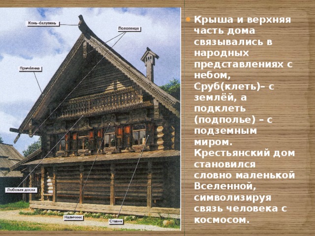 Крыша и верхняя часть дома связывались в народных представлениях с небом, Сруб(клеть)– с землёй, а подклеть (подполье) – с подземным миром. Крестьянский дом становился словно маленькой Вселенной, символизируя связь человека с космосом. 