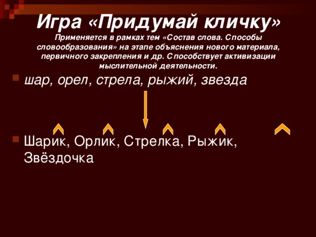 Игра «Придумай кличку»  Применяется в рамках тем «Состав слова. Способы словообразования» на этапе объяснения нового материала, первичного закрепления и др. Способствует активизации мыслительной деятельности. шар, орел, стрела, рыжий, звезда  Шарик, Орлик, Стрелка, Рыжик, Звёздочка 