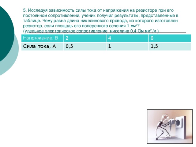 5. Исследуя зависимость силы тока от напряжения на резисторе при его постоянном сопротивлении, ученик получил результаты, представленные в таблице. Чему равна длина никелинового провода, из которого изготовлен резистор, если площадь его поперечного сечения 1 мм 2 ?  (удельное электрическое сопротивление никелина 0,4 Ом мм 2 /м ) Напряжение, В 2 Сила тока, А 0,5 4 6 1 1,5 