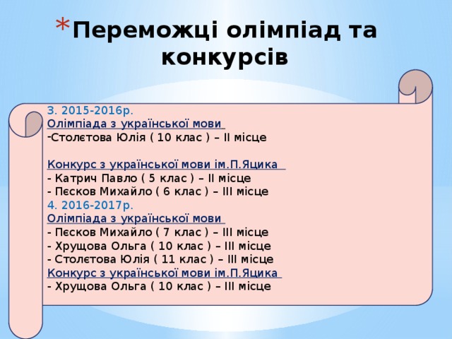Переможці олімпіад та конкурсів 3. 2015-2016р. Олімпіада з української мови  Столєтова Юлія ( 10 клас ) – II місце Конкурс з української мови ім.П.Яцика - Катрич Павло ( 5 клас ) – II місце - Пєсков Михайло ( 6 клас ) – III місце 4. 2016-2017р. Олімпіада з української мови - Пєсков Михайло ( 7 клас ) – III місце - Хрущова Ольга ( 10 клас ) – III місце - Столєтова Юлія ( 11 клас ) – III місце Конкурс з української мови ім.П.Яцика - Хрущова Ольга ( 10 клас ) – III місце 