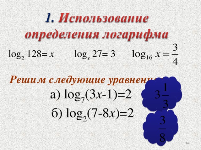 log 2 128= х log х 27= 3 Решим следующие уравнения: а) log 7 (3 х -1)=2 б) log 2 (7-8 х )=2 