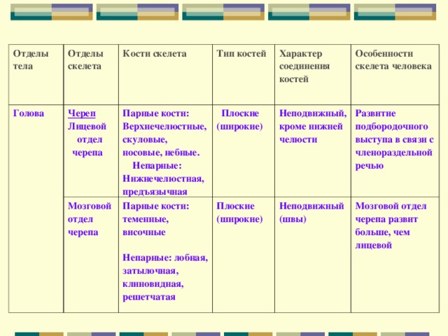 Отделы скелета головы человека. Таблица строение костей лицевого и мозгового черепа. Соединение костей отделы скелета таблица. Таблица отдел головы отдел скелета кости скелета. Отделы скелета кости Тип костей характер соединения.