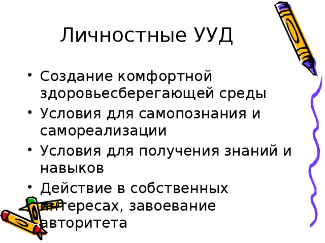 Личностные УУД Создание комфортной здоровьесберегающей среды Условия для самопознания и самореализации Условия для получения знаний и навыков Действие в собственных интересах, завоевание авторитета 