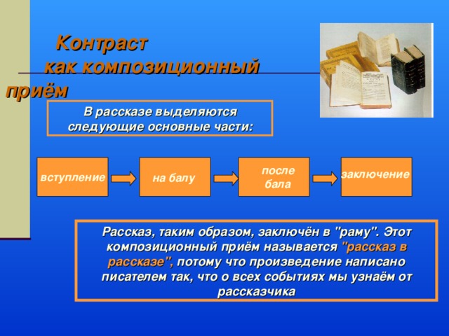  Контраст  как композиционный приём В рассказе выделяются следующие основные части: после бала заключение вступление на балу Рассказ, таким образом, заключён в 