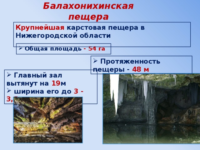  Балахонихинская пещера   Крупнейшая карстовая пещера в Нижегородской области     Общая площадь - 54 га     Протяженность пещеры - 48 м  Главный зал вытянут на 19 м  ширина его до 3 - 3,5 м .   