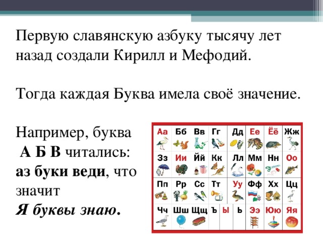 Первую славянскую азбуку тысячу лет назад создали Кирилл и Мефодий. Тогда каждая Буква имела своё значение. Например, буква  А Б В читались: аз буки веди , что значит Я буквы знаю .