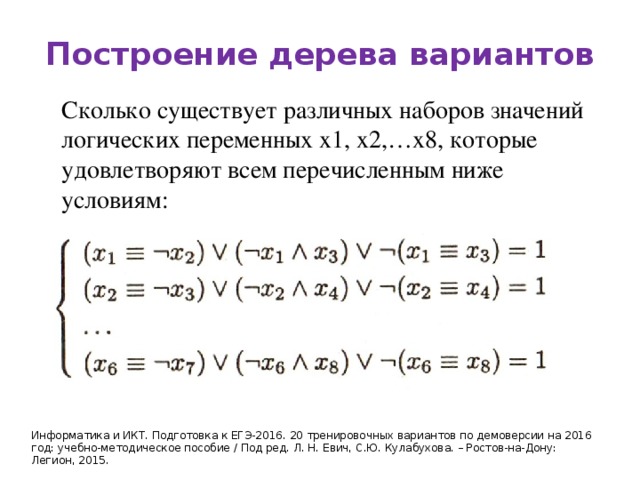 Построение дерева вариантов Сколько существует различных наборов значений логических переменных х1, х2,…х8, которые удовлетворяют всем перечисленным ниже условиям: Информатика и ИКТ. Подготовка к ЕГЭ-2016. 20 тренировочных вариантов по демоверсии на 2016 год: учебно-методическое пособие / Под ред. Л. Н. Евич, С.Ю. Кулабухова. – Ростов-на-Дону: Легион, 2015. 