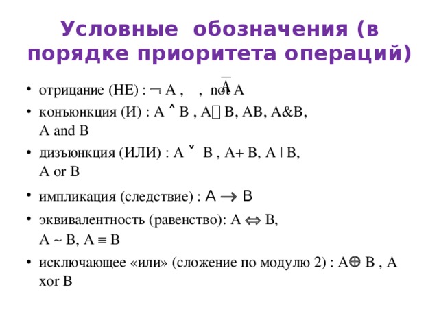 Условные обозначения (в порядке приоритета операций) отрицание (НЕ) :  A , , not A конъюнкция (И) : A ˄ B , A  B, AB, А&B,  A and B дизъюнкция (ИЛИ) : A ˅ B , A+ B, A | B,  А or B импликация (следствие) : А  B эквивалентность (равенство): A  В,  A  B, A  B исключающее «или» (сложение по модулю 2) : A   B , A xor B 