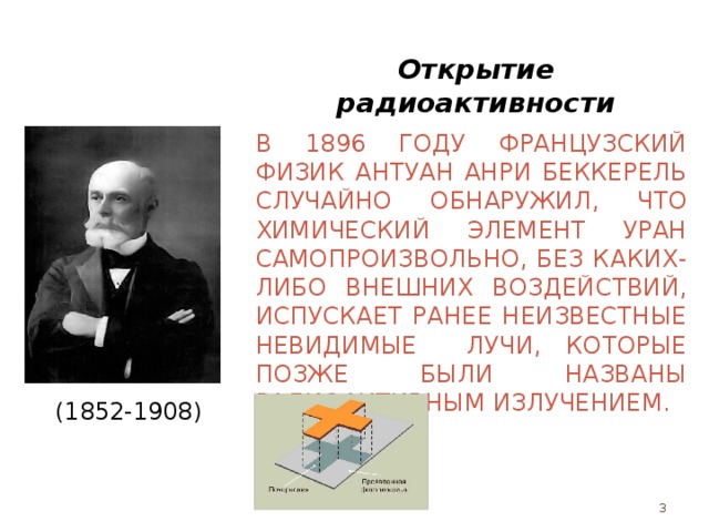 Открытие радиоактивности   В 1896 году французский физик Антуан Анри Беккерель случайно обнаружил, что химический элемент уран самопроизвольно, без каких-либо внешних воздействий, испускает ранее неизвестные невидимые лучи, которые позже были названы радиоактивным излучением. (1852-1908)  