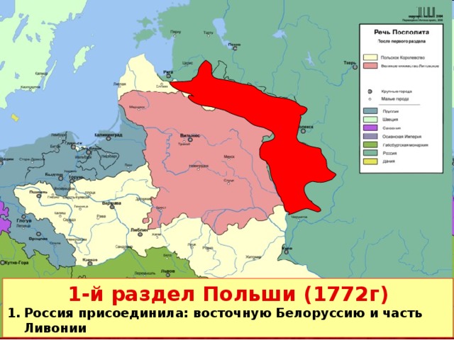 1-й раздел Польши (1772г) Россия присоединила: восточную Белоруссию и часть Ливонии 