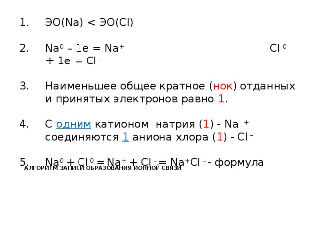 ЭО(Na) Na 0 – 1е = Na + Cl 0 + 1e = Cl – Наименьшее общее кратное ( нок ) отданных и принятых электронов равно 1 . С одним катионом натрия ( 1 ) - Na + соединяются 1 аниона хлора ( 1 ) - Сl – Na 0 + Cl 0 =  Na + + Cl – = Na + Cl  – - формула   Алгоритм записи образования ионной связи 