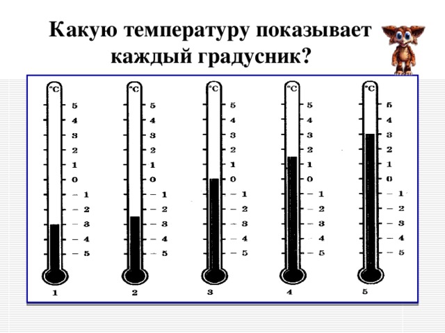  Какую температуру показывает каждый градусник?  