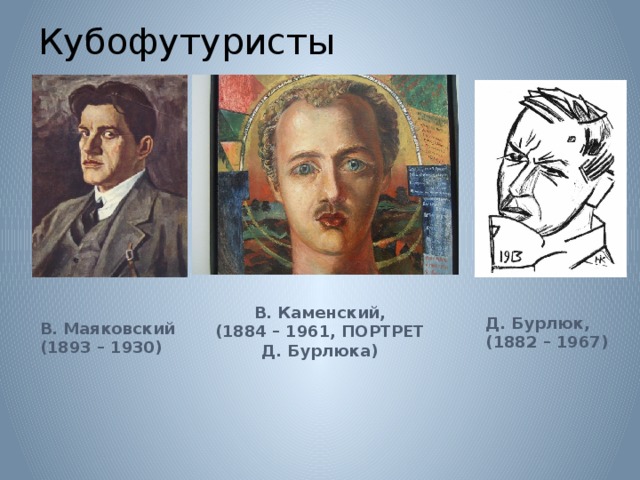 Кубофутуристы В. Каменский, (1884 – 1961, ПОРТРЕТ Д. Бурлюка) Д. Бурлюк, (1882 – 1967) В. Маяковский (1893 – 1930) 