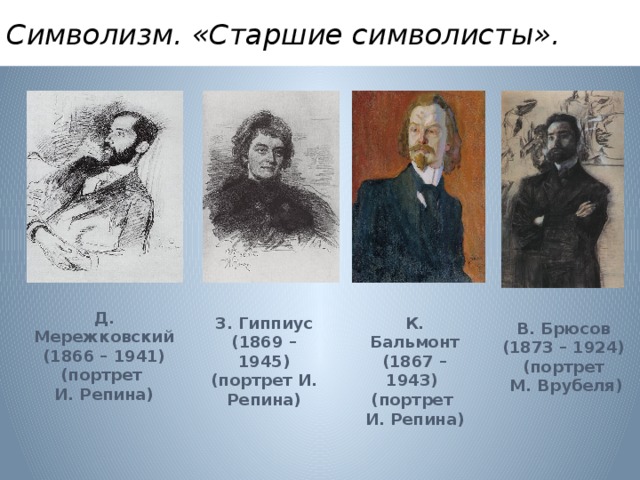 Символизм. «Старшие символисты». Д. Мережковский (1866 – 1941) (портрет И. Репина) З. Гиппиус К. Бальмонт (1869 – 1945) (1867 – 1943) (портрет И. Репина) (портрет И. Репина) В. Брюсов (1873 – 1924) (портрет  М. Врубеля) 