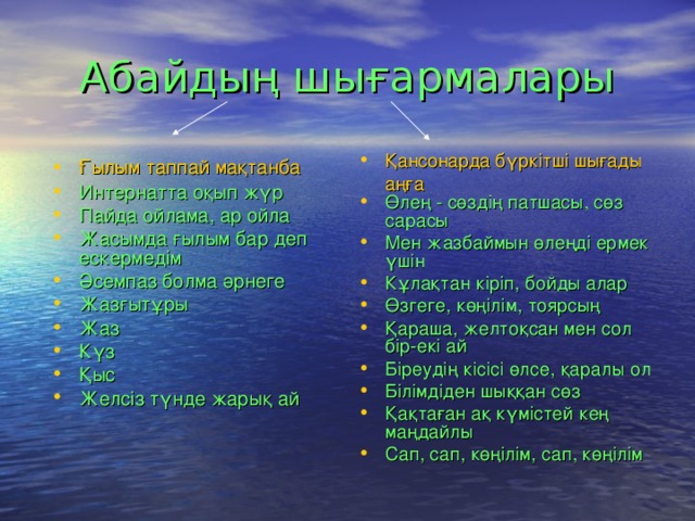 Абайдың шығармалары Қансонарда бүркітші шығады аңға Өлең - сөздің патшасы, сөз сарасы Мен жазбаймын өлеңді ермек үшін Кұлақтан кіріп, бойды алар Өзгеге, көңілім, тоярсың Қараша, желтоқсан мен сол бір-екі ай Біреудің кісісі өлсе, қаралы ол Білімдіден шыққан сөз Қақтаған ақ күмістей кең маңдайлы Сап, сап, көңілім, сап, көңілім Ғылым таппай мақтанба Интернатта оқып жүр Пайда ойлама, ар ойла Жасымда ғылым бар деп ескермедім Әсемпаз болма әрнеге Жазғытұры Жаз Күз Қыс Желсіз түнде жарық ай  