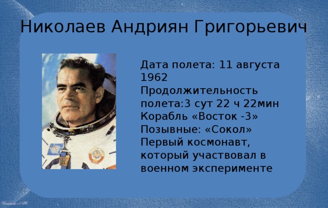 Николаев Андриян Григорьевич Дата полета: 11 августа 1962 Продолжительность полета:3 сут 22 ч 22мин Корабль «Восток -3» Позывные: «Сокол» Первый космонавт, который участвовал в военном эксперименте 