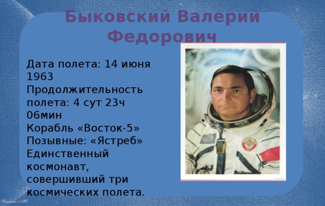 Быковский Валерий Федорович Дата полета: 14 июня 1963 Продолжительность полета: 4 сут 23ч 06мин Корабль «Восток-5» Позывные: «Ястреб» Единственный космонавт, совершивший три космических полета. 
