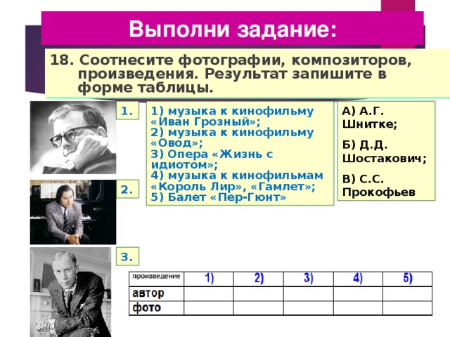 Выполни задание: 18. Соотнесите фотографии, композиторов, произведения. Результат запишите в форме таблицы. 1. 1) музыка к кинофильму «Иван Грозный»; 2) музыка к кинофильму «Овод»; 3) Опера «Жизнь с идиотом»; 4) музыка к кинофильмам «Король Лир», «Гамлет»; 5) Балет «Пер-Гюнт» А) А.Г. Шнитке; Б) Д.Д. Шостакович; В) С.С. Прокофьев 2. 3. 