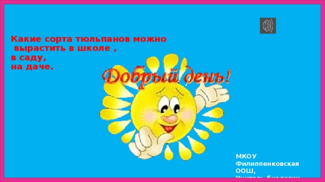  Какие сорта тюльпанов можно  вырастить в школе ,  в саду,  на даче.   МКОУ Филиппенковская ООШ, Учитель биологии Чалый Н.С.  2017 г. 